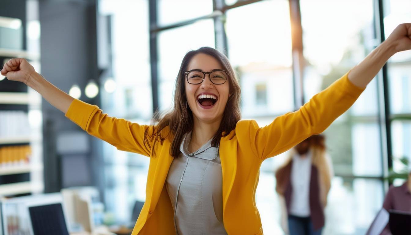 A professional celebrating a successful job placement.